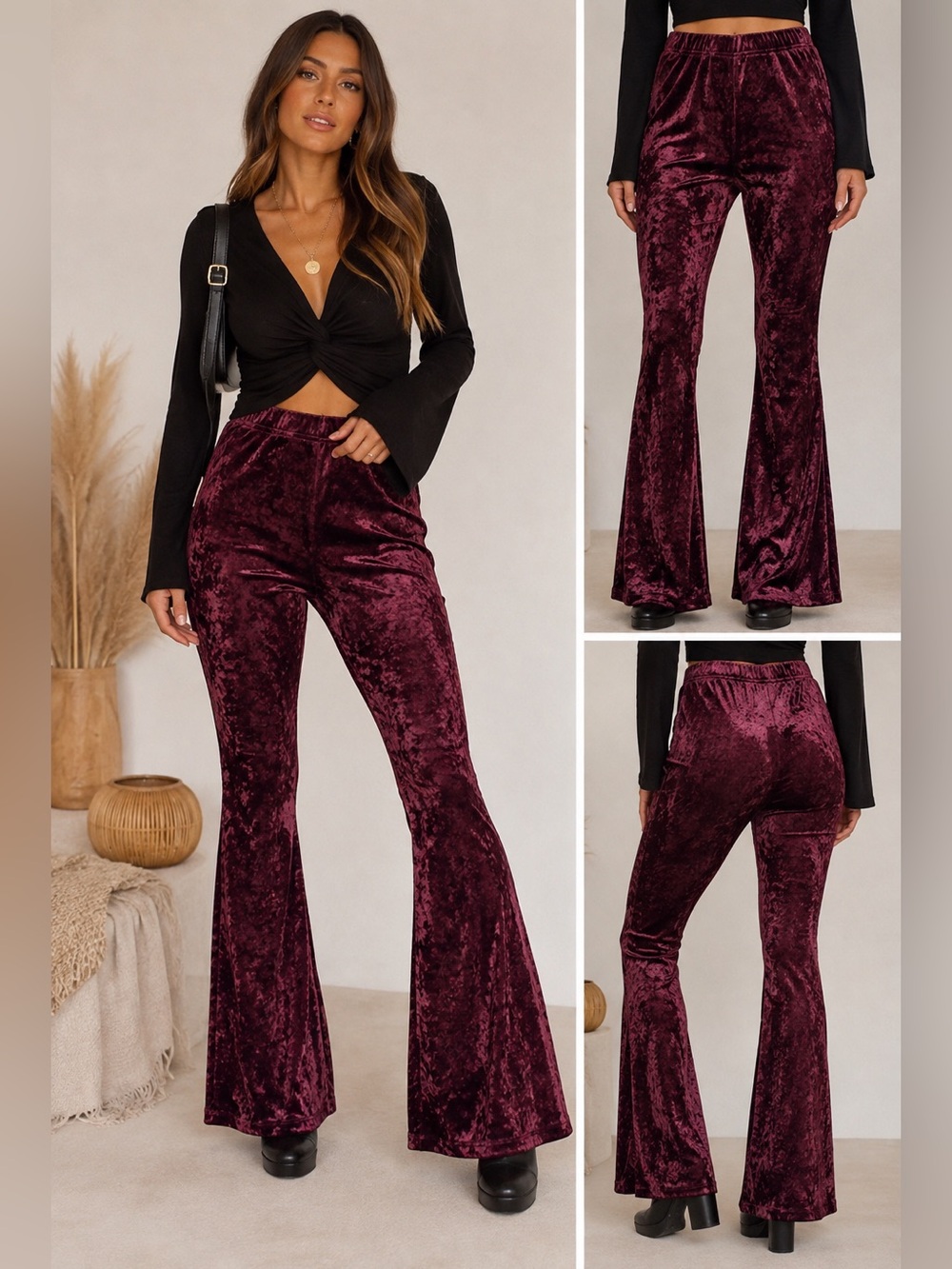 RAGA Purple Velour Hippie Long Length Bell Bottom Pants Flared size Large NWT